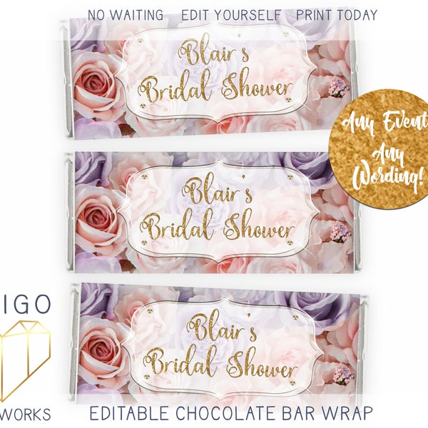 Printable Rose Garden Chocolate Bar Label, Gold Modern Bridal Candy Bar Wrapper, Boho Lavender Pink Floral Custom Women's Birthday Favor