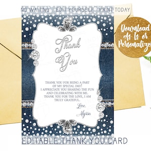 Denim und Diamanten Dankeskarte, Blue Jean Diamond Flache 4x6 Karte, Moderne Diamanten Glitter Sparkle Juwelen DIY Danke, Sofort Download