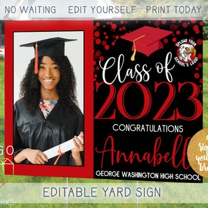Printable 2023 Grad Lawn Sign With Photo Red and Black Custom Modern Graduate Outdoor Front Yard Poster Instant Download