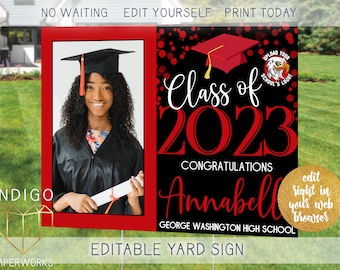 Printable 2025 Grad Lawn Sign With Photo Red and Black Custom Modern Graduate Outdoor Front Yard Poster Instant Download