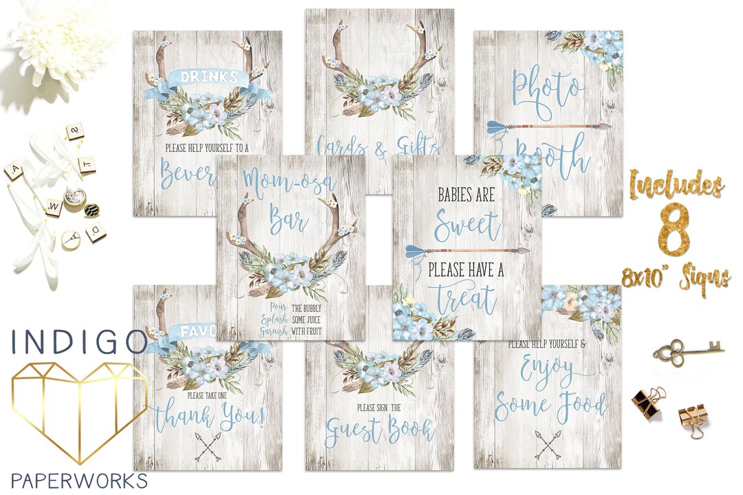 Rustic Boys Baby Shower Signs Set, Printable Boho Oh Deer Baby Shower ...
