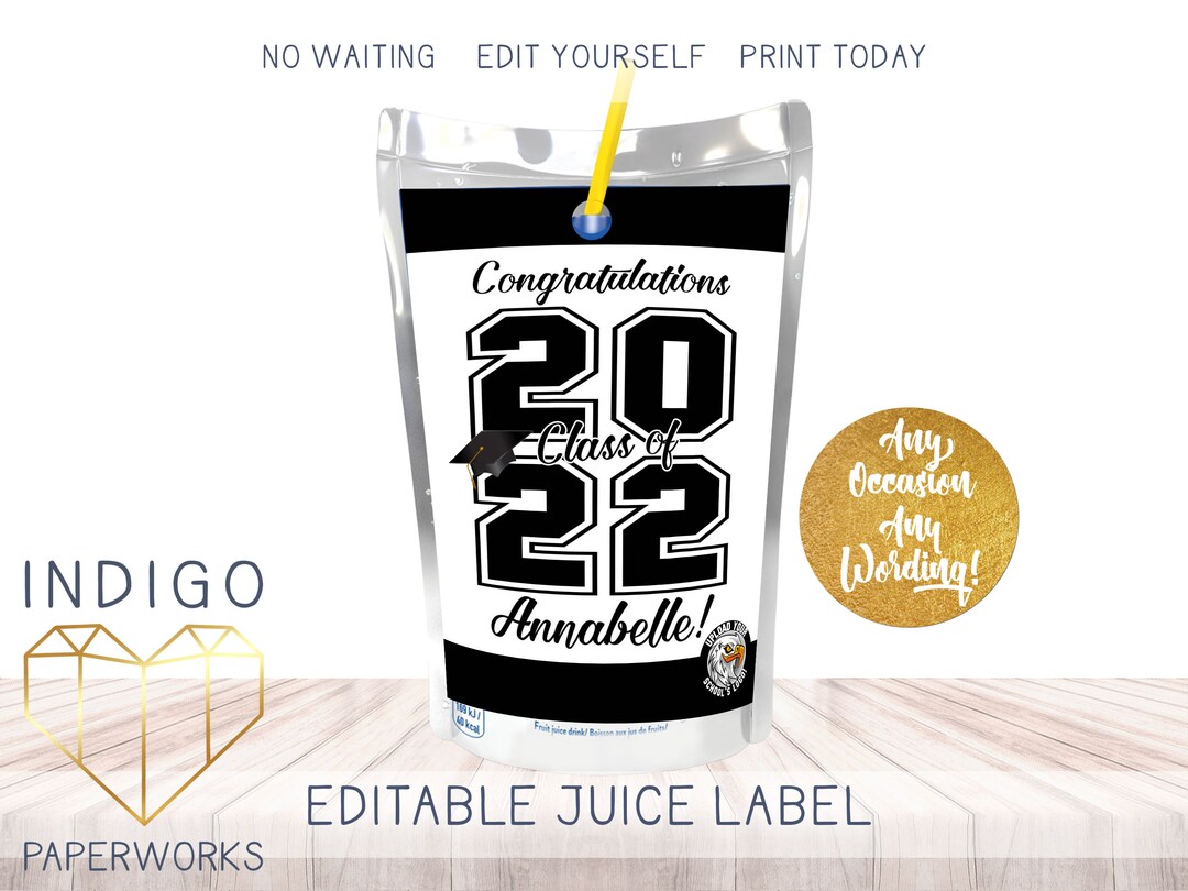 Printable 2023 Graduation Juice Label, Black and White Classic Grad ...