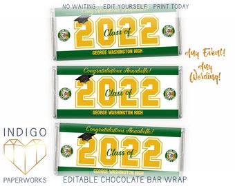 Printable 2023 Graduation Chocolate Bar Label, Green and Yellow Candy Bar Wrapper, Custom DIY Grad Trunk Party Décor Instant Download