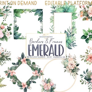 Watercolor Emerald Greenery Frames Clipart- 18 pretty foliage borders and floral frames transparent PNG graphic elements for COMMERCIAL USE