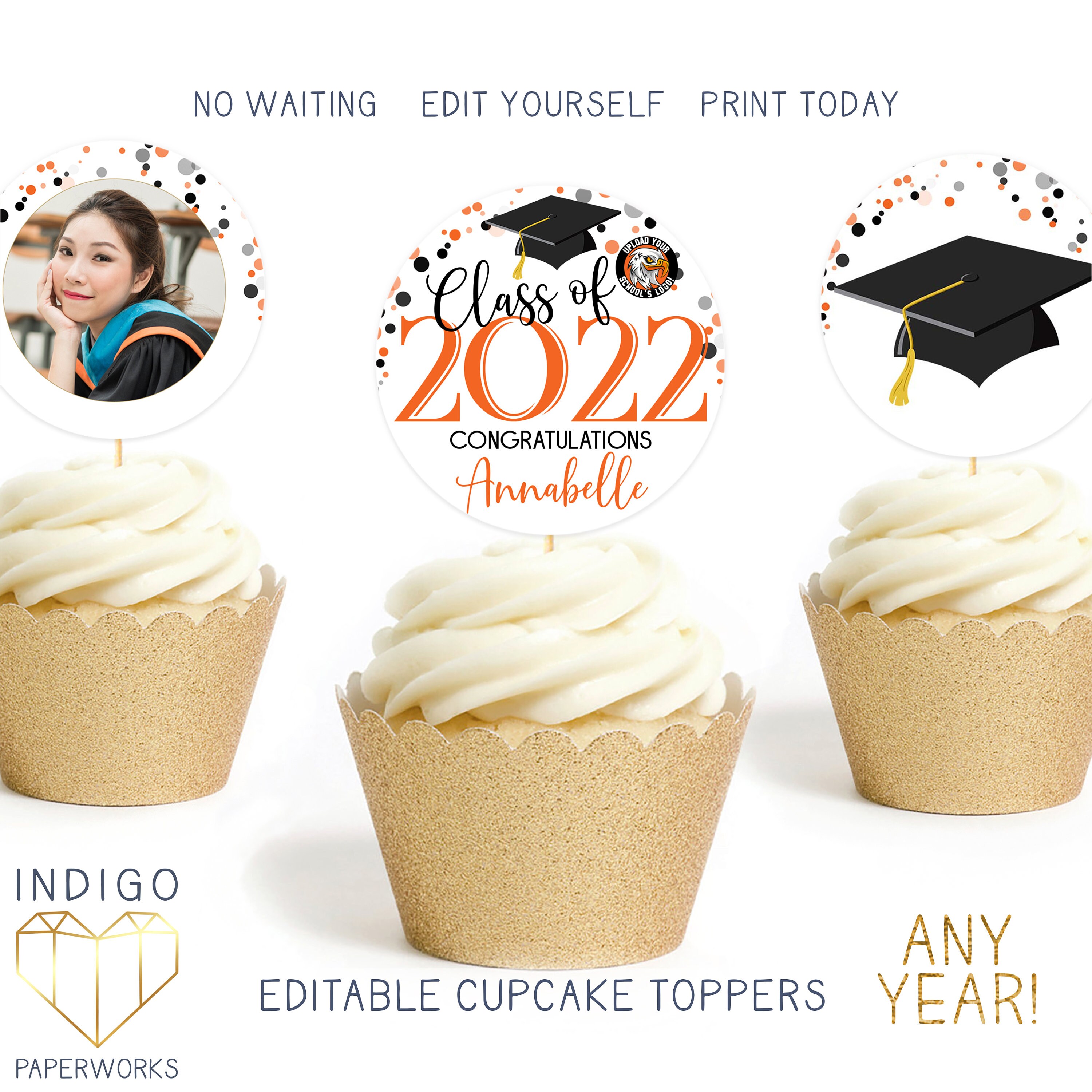 printable 2022 graduation cupcake toppers orange and white etsy