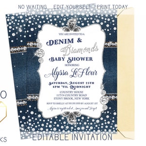 Denim and Diamonds Baby Shower Invite, Blue Jeans & Bling Invitation, Modern Glitter Sparkle Jewels Digital Printable Baby Sower Invitation