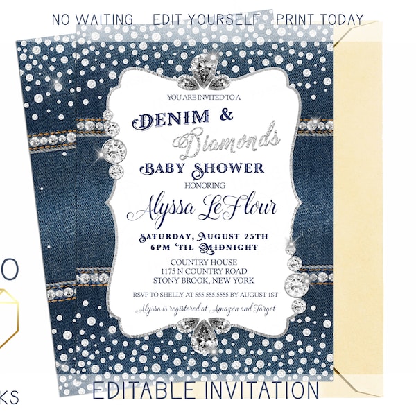 Denim and Diamonds Baby Shower Invite, Blue Jeans & Bling Invitation, Modern Glitter Sparkle Jewels Digital Printable Baby Sower Invitation