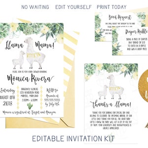 Kit d'invitation pour baby shower lama maman succulentes, ensemble d'invitations du sud-ouest neutre sexiste, suite d'invitations personnalisée imprimable pour baby shower