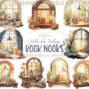 Watercolor Vintage Book Nook Scene Clipart- 11 PNG cute watercolor reading windows, flowers and writing desk graphics for COMMERCIAL USE