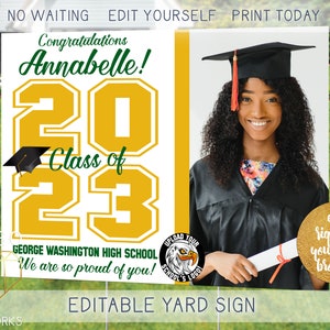 Letrero de césped con foto de graduación de 2025 para imprimir, decoración de graduación personalizada en verde y dorado, póster para jardín delantero al aire libre de 2025, plantilla digital, descarga instantánea