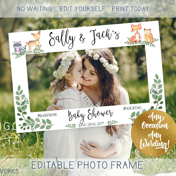 Printable Woodland Photo Booth Frame Prop, Deer Forest Baby Shower Prop, Custom Floral Boho Kid's Birthday Horizontal Landscape Selfie Frame