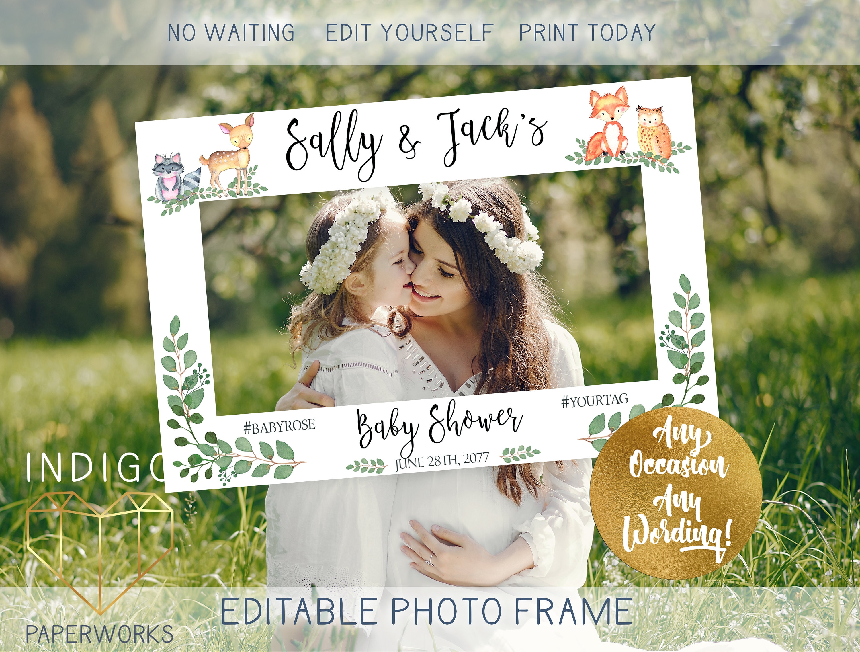 Printable Woodland Photo Booth Frame Prop Deer Forest Baby Shower Prop Custom Floral Boho Kids Birthday Horizontal Landscape