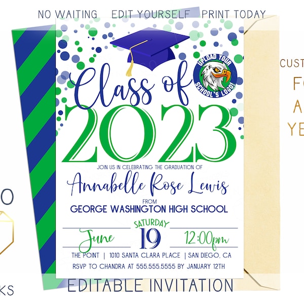 Printable 2023 Graduation Party Invitation, Green and Blue Digital Grad Invite, Aqua Custom Editable Template Instant Download