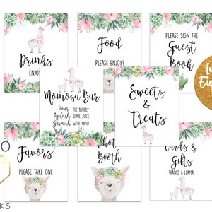 Llama Baby Shower Pink Signs Set, Printable 8x10 Southwestern Theme Cactus Shower Signs, Girl Baby Shower Sign Bundle Instant Download
