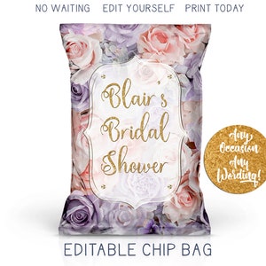 Rose Garden Bridal Shower Chip Bag, Gold Glitter Modern Bridal Favor Bag, Floral Silver Women&#39;s Birthday Favor, DIY Custom Printable Bag