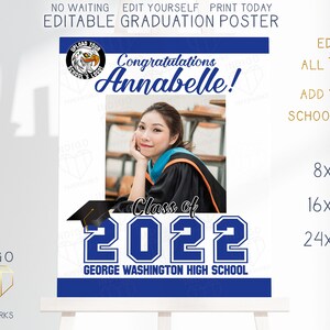 Printable Class of 2025 Graduation Party Photo Sign 16x20 or 24x36 Navy & White Custom Grad Decor Front Door Welcome Poster Digital Template