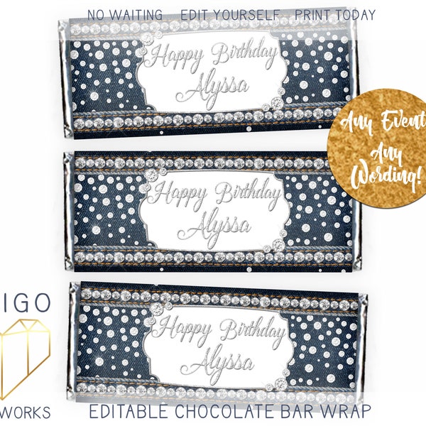 Personalized Chocolate Bar Label, Denim and Diamonds Candy Bar Wrapper, Dark Blue Jeans and Bling Sparkle Custom DIY Women's Birthday Favor