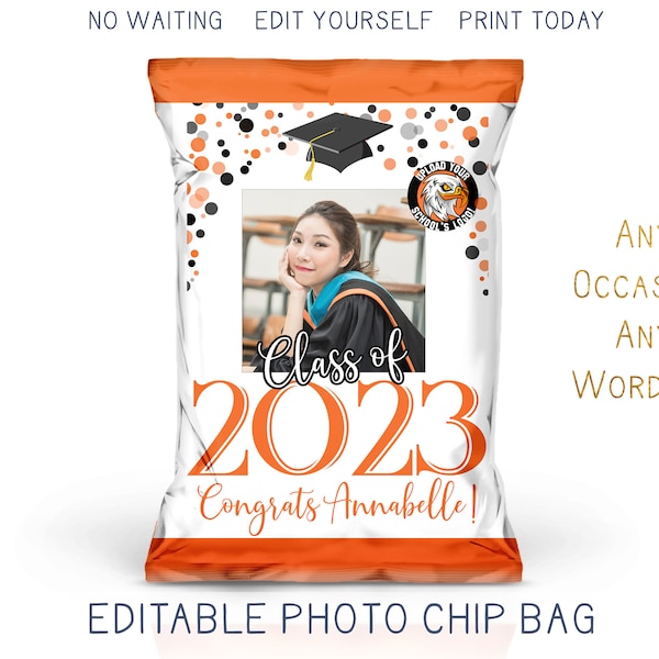 Printable 2023 Graduation Chip Bag with Photo, Modern Orange Black and White Graduation Cap Party Favor Bag, DIY Trunk Party Decor