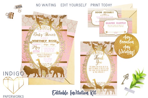 gold safari baby shower invitations