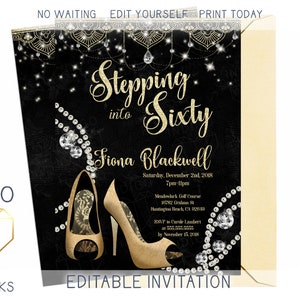 Women&#39;s Birthday Party Invitation Mandala Boho Glam Black and Gold High Heel Invite Glitter Glam Diamond Shoes Custom Printable DIY Invite