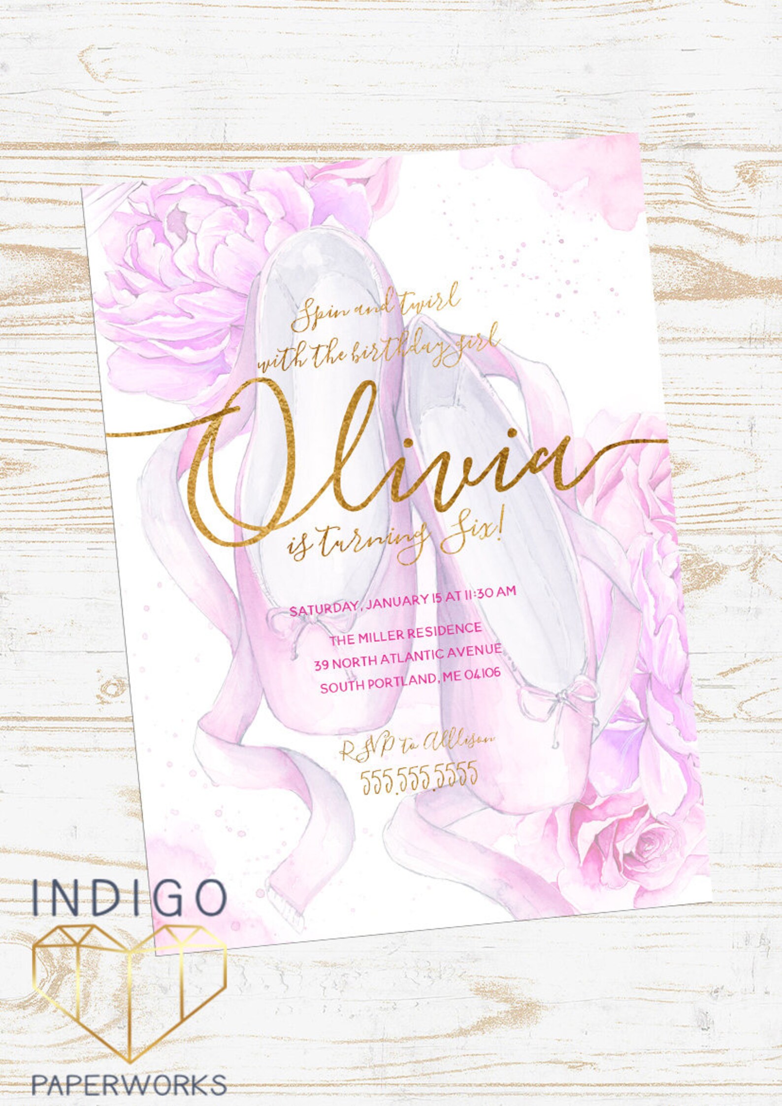 pink and gold ballet shoes invitation, recital, ballerina birthday, dance birthday, ballet party, pink and gold, toe shoes, digi