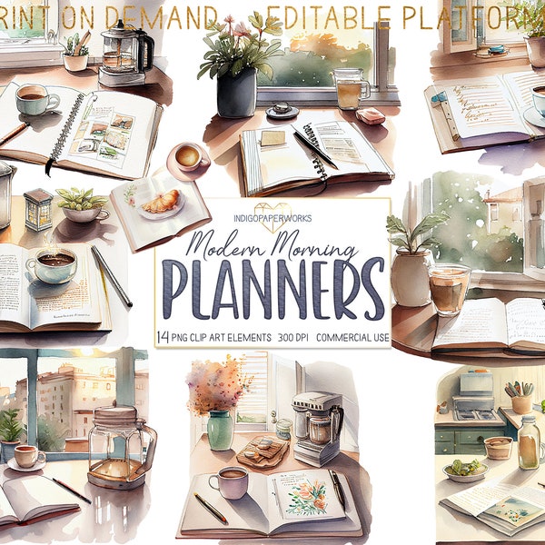 Clipart planificateur moderne aquarelle - 14 scènes de planificateur matin aquarelle mignon PNG avec café & fleurs éléments graphiques pour un usage COMMERCIAL