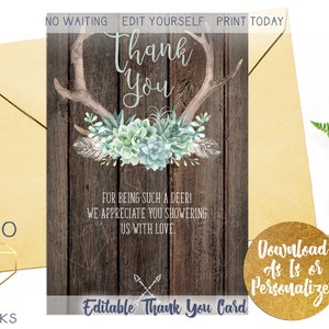 Tarjeta de agradecimiento personalizada con suculentas Oh Deer, tarjeta rústica de 4 x 6 para baby shower con vegetación neutra, tarjeta de agradecimiento DIY con cornamenta bohemia, descarga instantánea