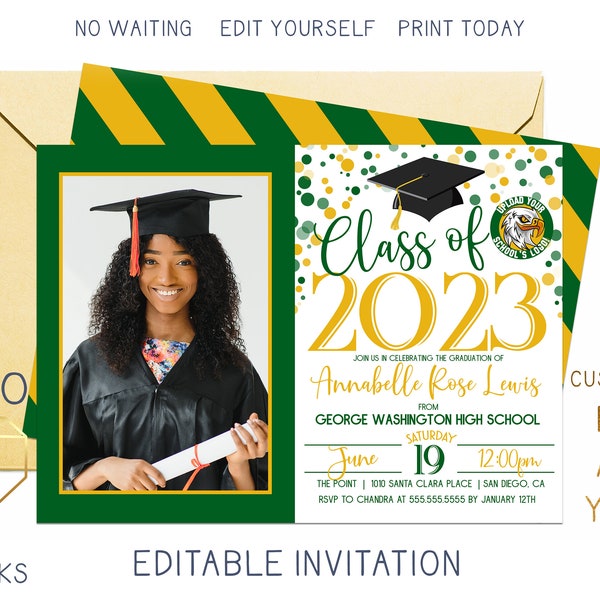 Printable 2023 Graduation Party Invitation With Photo, Green & Yellow Grad Invite, Custom Editable Template Instant Download