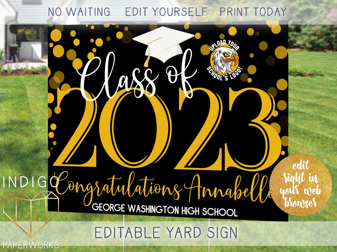 Printable 2025 Graduation Lawn Sign, Custom Yellow & Black Modern Grad ...