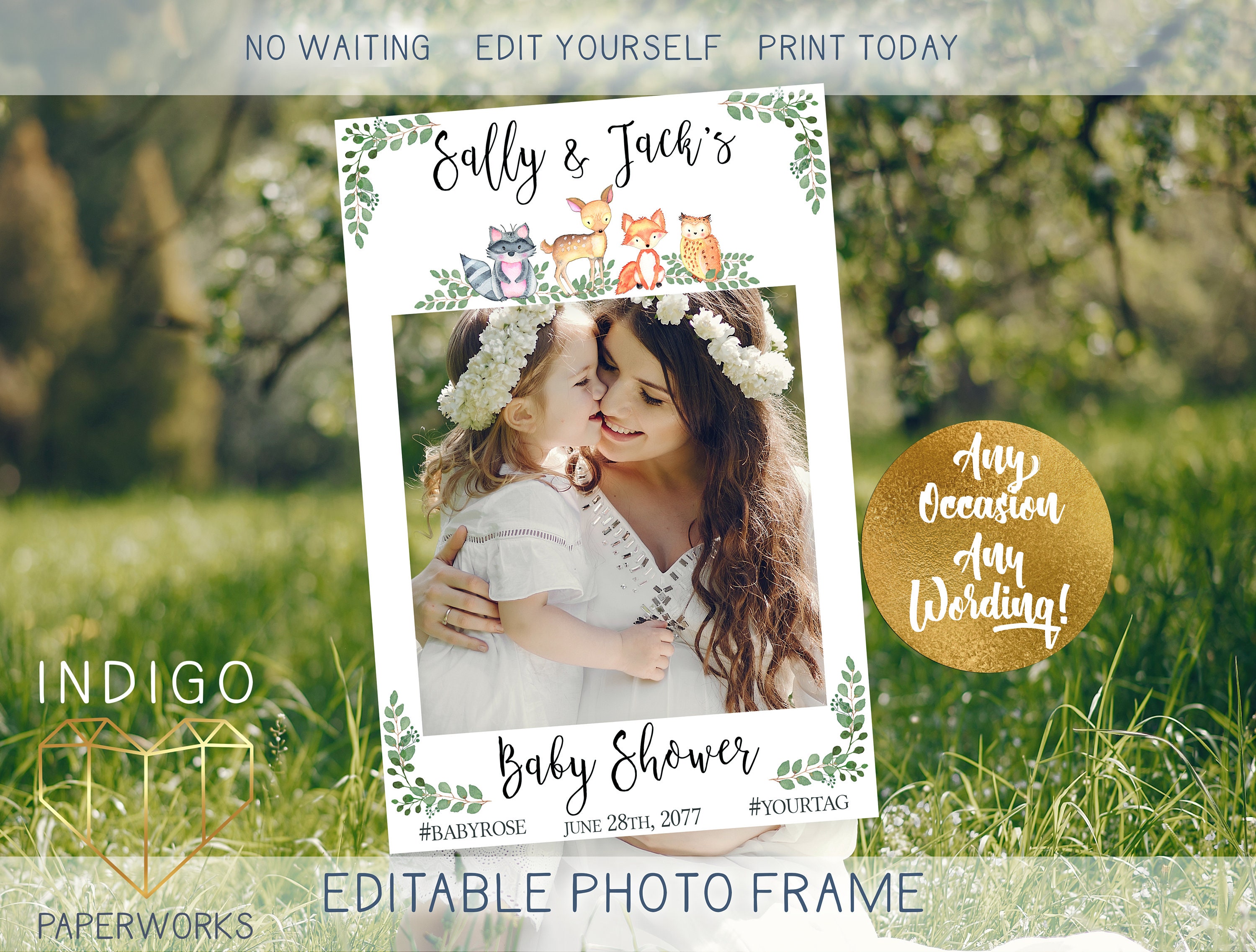 Printable Woodland Photo Booth Frame Prop Deer Forest Baby Shower Prop Custom Floral Boho Kids Birthday Vertical Portrait