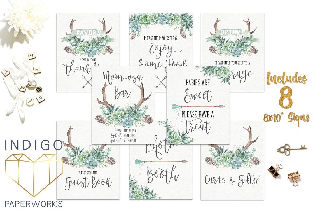 Printable Boho Baby Shower Signs Set, Printable Bohemian Oh Deer Baby ...