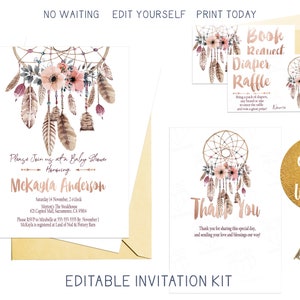 Kit d'invitation pour baby shower attrape-rêves en or rose bohème, ensemble d'invitations bohème plumes tribales, suite d'invitations personnalisée imprimable pour baby shower