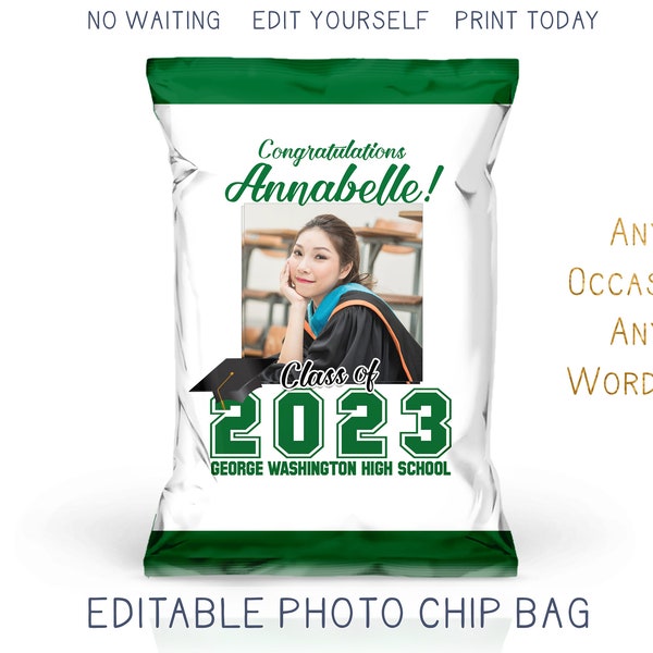 Printable 2023 Graduation Chip Bag with Photo, Green and White Grad Party Favor Bag, Trunk Party Decorations DIY Editable Template