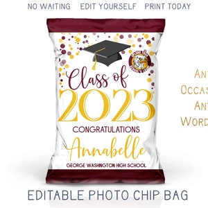 Printable 2025 Graduation Chip Bag, Burgundy and Yellow Modern Grad Party Favor Bag, Trunk Party Decorations DIY Editable Template