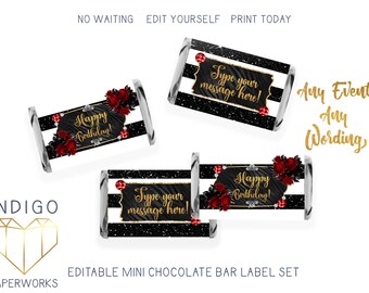 Printable Glam Striped Mini Candy Bar Label, Black & White Custom Floral Diamond Party Favor, Personalized Fun Size Chocolate Bar Wrapper