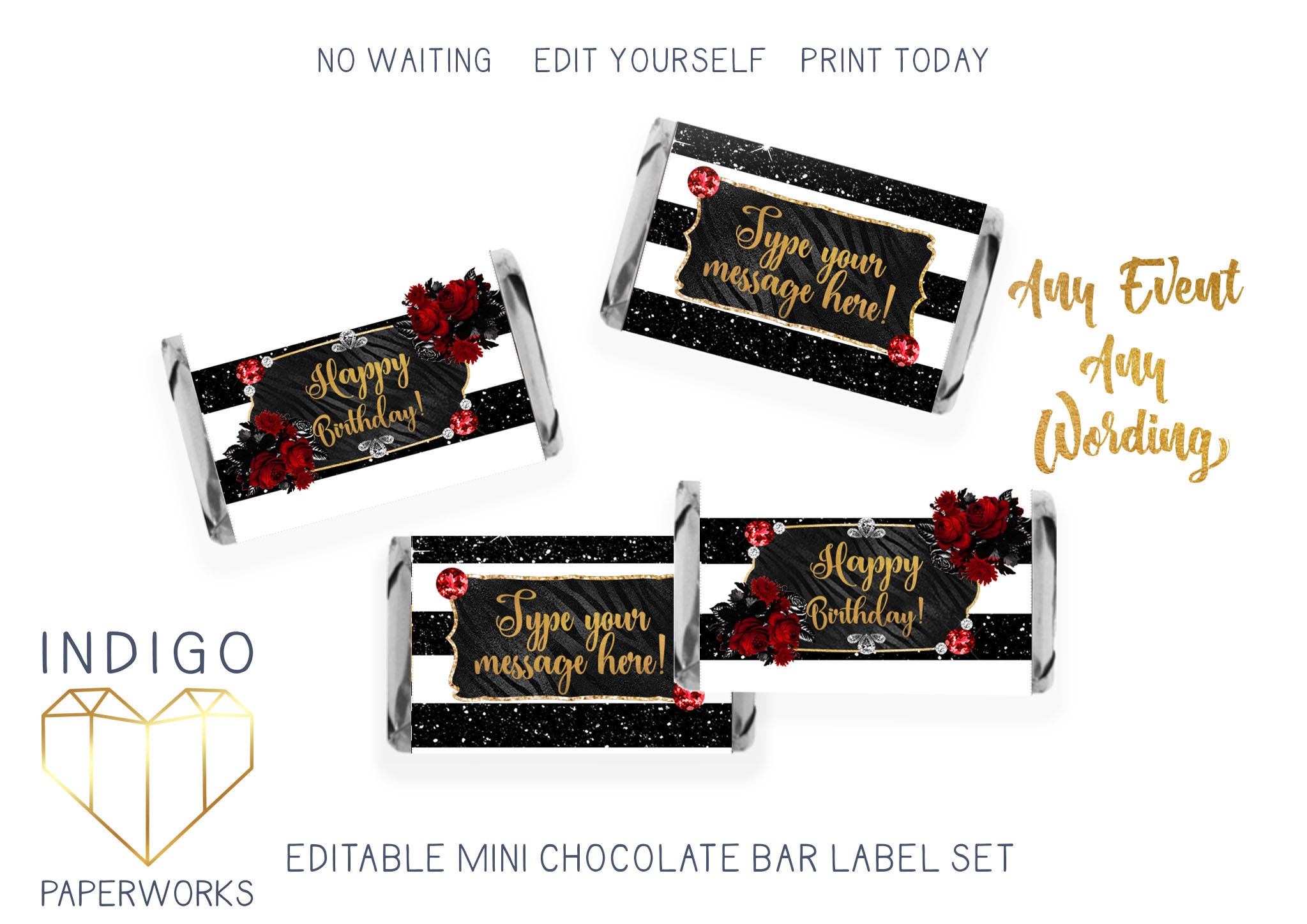 Printable Glam Striped Mini Candy Bar Label Black & White - Etsy