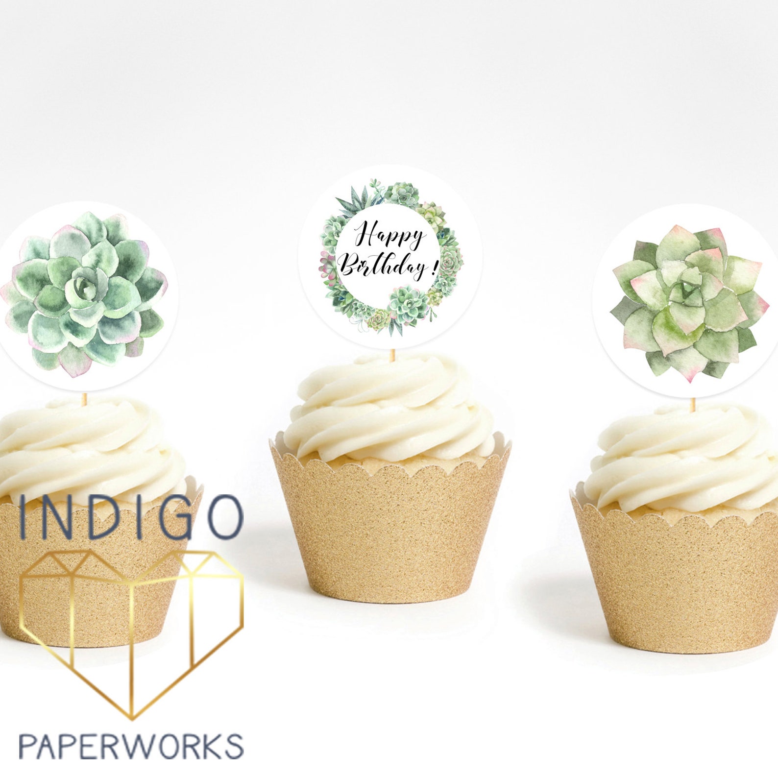 Succulent Cupcake Toppers Succulent Greenery Birthday Party Etsy