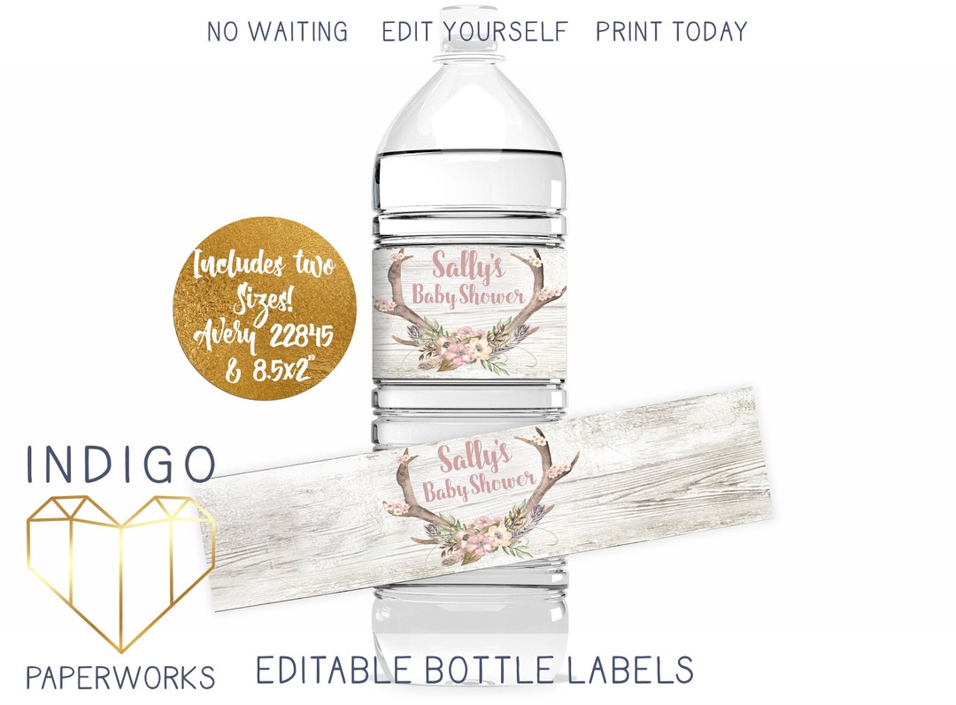 Personalized Rustic Water Bottle Labels, Printable Oh Deer Antlers Country Boho Distressed Wood ...