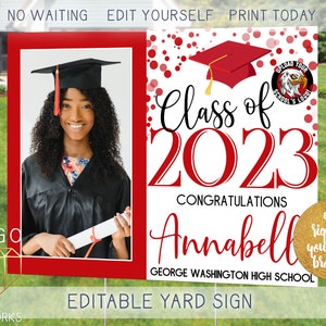 Printable 2023 Grad Lawn Sign With Photo Red and White Custom Modern Graduate Outdoor Front Yard Poster Instant Download image 1