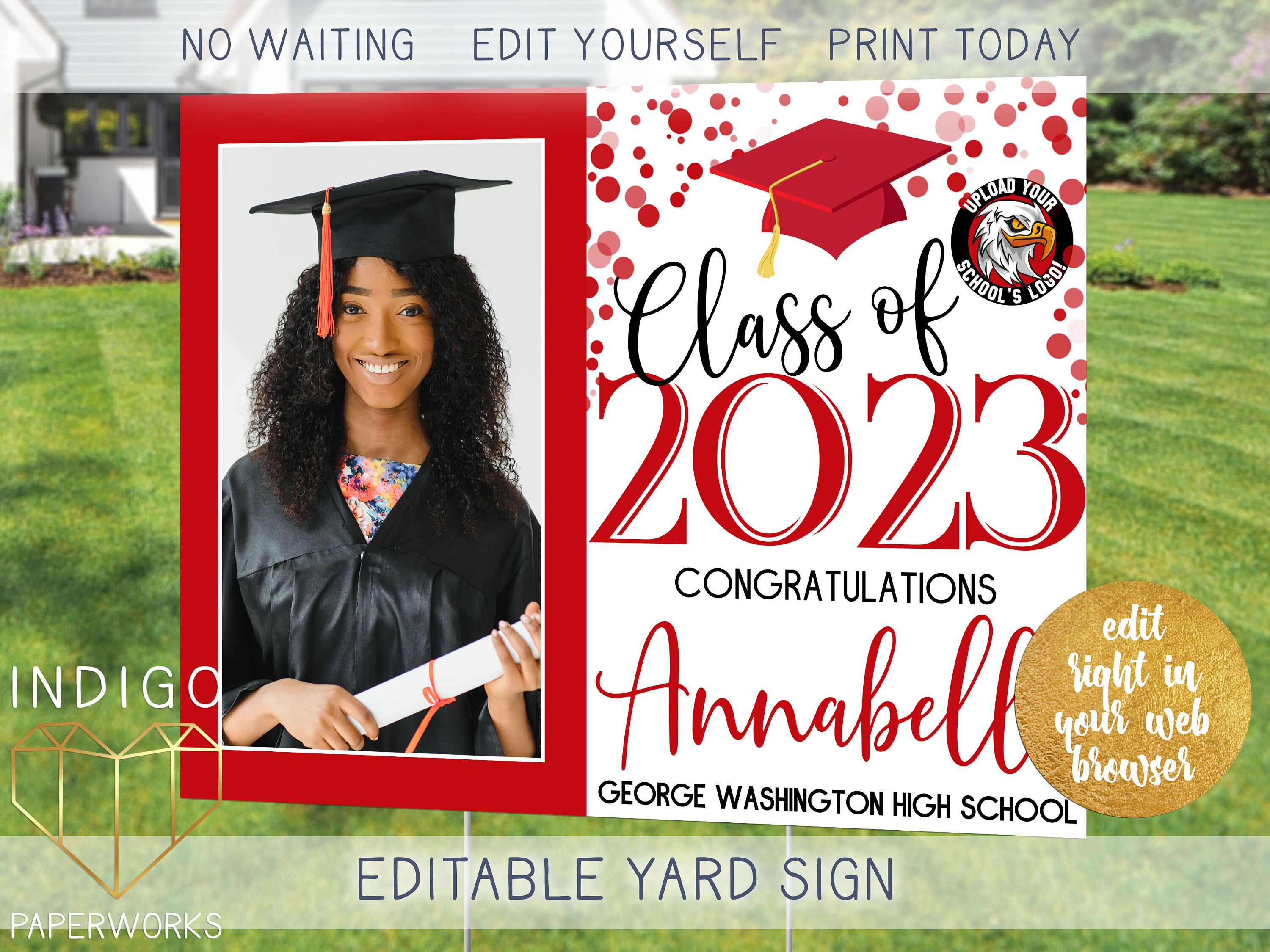Printable 2025 Grad Lawn Sign With Photo Red and White Custom Modern ...