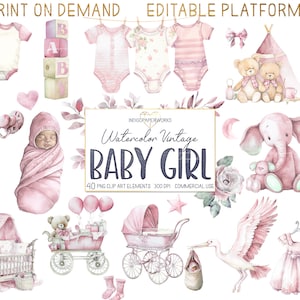 Watercolor Baby Girl Clipart- 40 PNG It's a girl vintage nursery and newborn baby graphic elements in light pink for COMMERCIAL USE