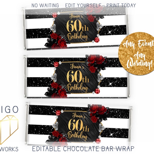 Glam Striped Chocolate Bar Label, Black and White Striped Candy Bar Wrapper, Glitz Modern Sparkle Custom DIY Custom Women's Birthday Favor