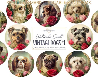 Vintage Watercolor Dogs Clipart- 12 PNG cute dog portraits, sweet pink & red roses and peonies graphic elements for COMMERCIAL USE