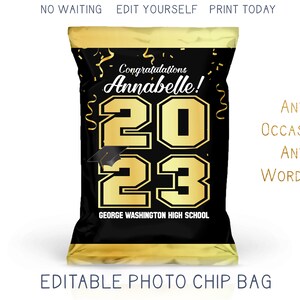 Printable 2025 Graduation Chip Bag, Black and Gold Foil Grad Party Favor Bag, Trunk Party Decorations DIY Custom Digital Template