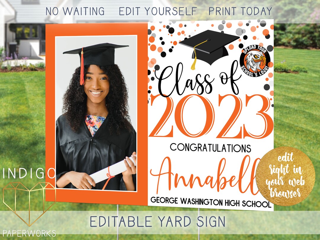 Printable 2025 Grad Lawn Sign With Photo Orange and White Custom Modern ...
