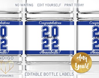 Printable 2025 Graduation Water Bottle Labels, Custom Personalized Navy and Black Grad Cap Labels for Avery 22845 Instant Download
