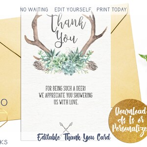 Carte de remerciement personnalisée succulente Oh Deer, carte plate 4 x 6 neutre naturel pour baby shower, bois de cerisier bohème bricolage Merci téléchargement immédiat