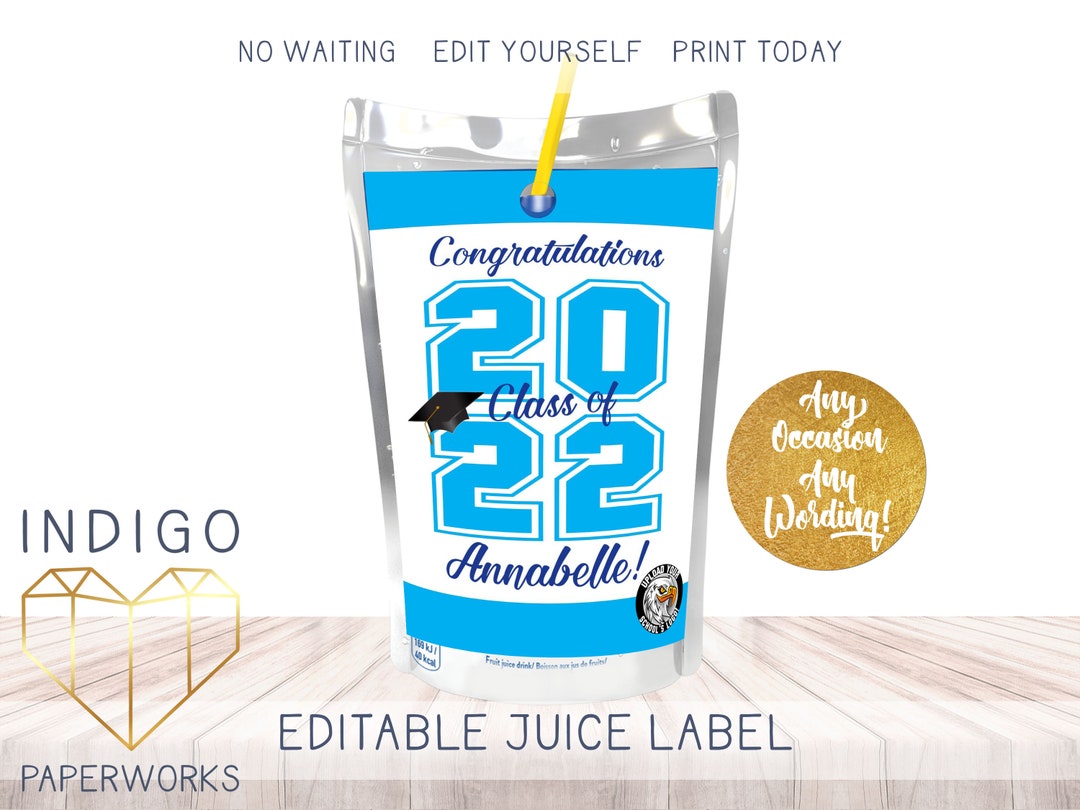 Printable 2025 Graduation Juice Label, Light Blue and Navy Blue Grad ...