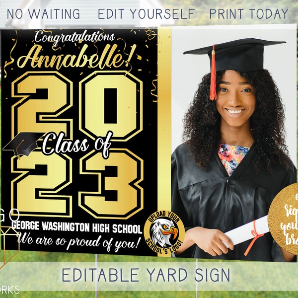Printable 2023 Graduation Photo Lawn Sign, Custom Confetti Congrats Graduate Outdoor Front Yard Poster Digital Template Instant Download