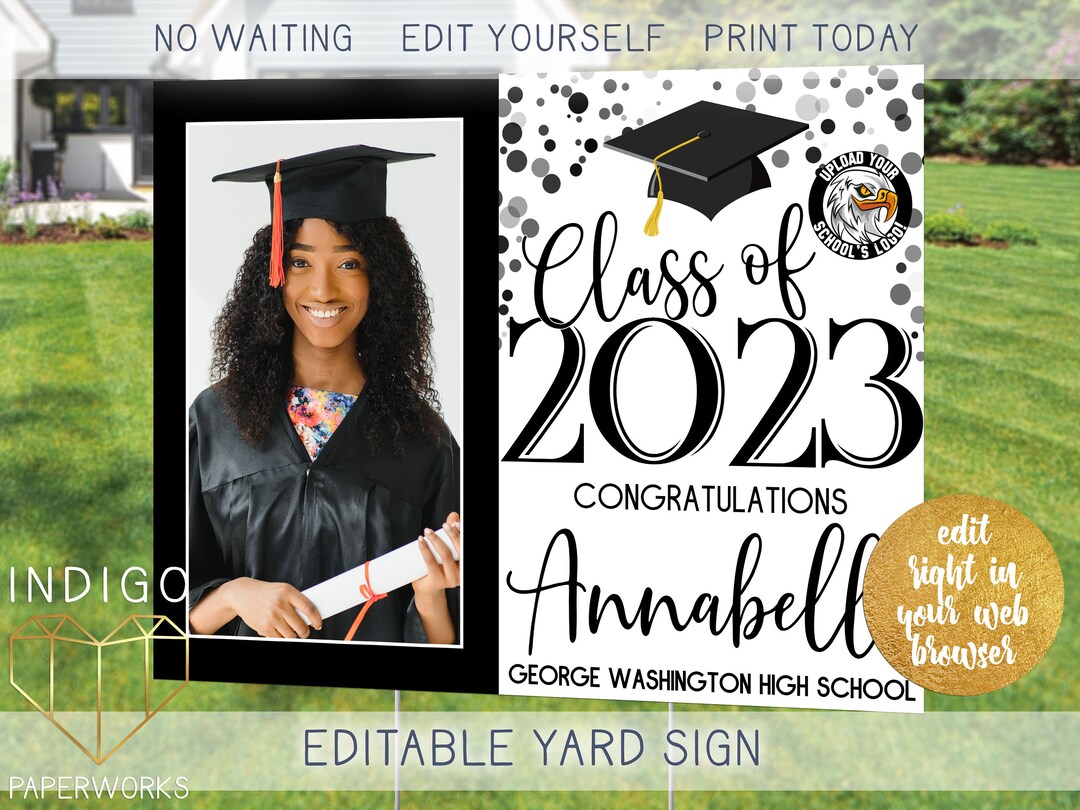 Printable 2023 Grad Lawn Sign With Photo Black and White Custom Modern ...